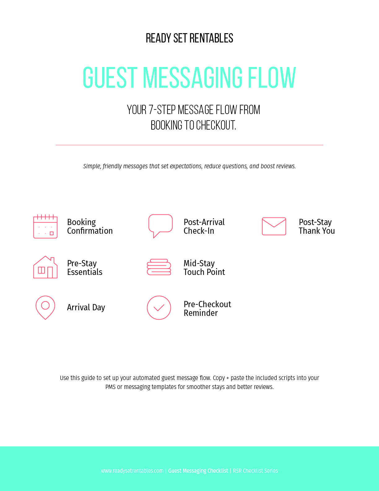 7-Step Guest Messaging Flow cover showing seven guest communication touchpoints from booking through post-stay.