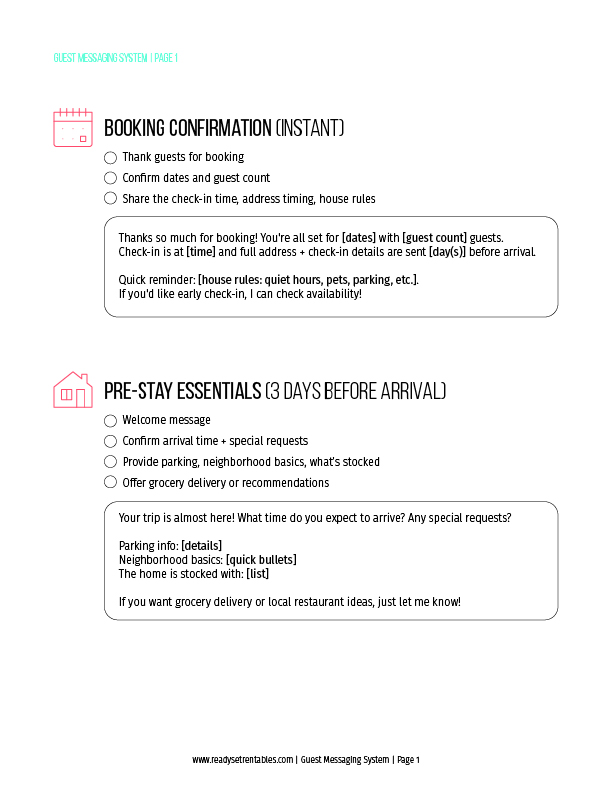 Guest Messaging Flow booking confirmation page with message guidance and a customizable guest message template.