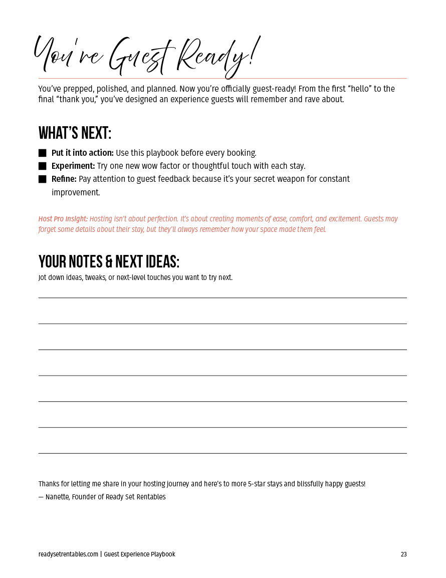 Guest Experience Playbook guest-ready section with practical checks for preparing the rental before arrival.