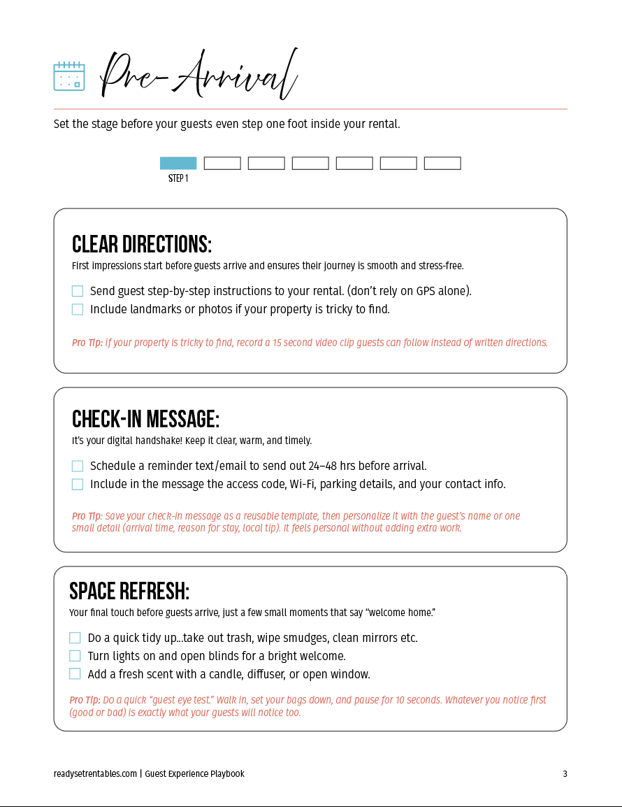 Guest Experience Playbook pre-arrival section with ideas and checklist items for preparing guests before their stay.