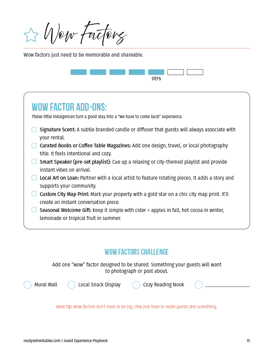 Guest Experience Playbook wow factors section with ideas for creating memorable guest moments.