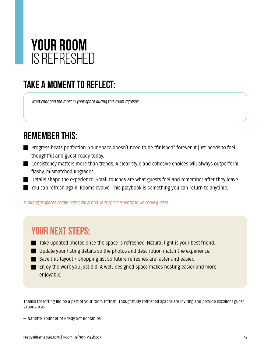 Room Styling Checklist final guest experience check page with last-pass styling and photo checklist items.