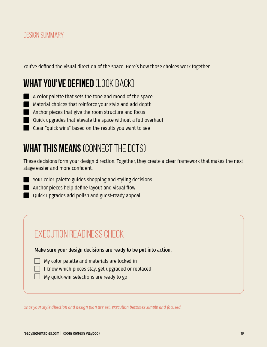 Room Styling Checklist entryway page with first-impression and lighting checklist items.