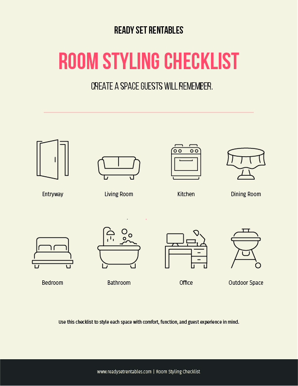 Room Styling Checklist cover with illustrated icons for the entryway, living room, kitchen, dining room, bedroom, bathroom, office, and outdoor space.
