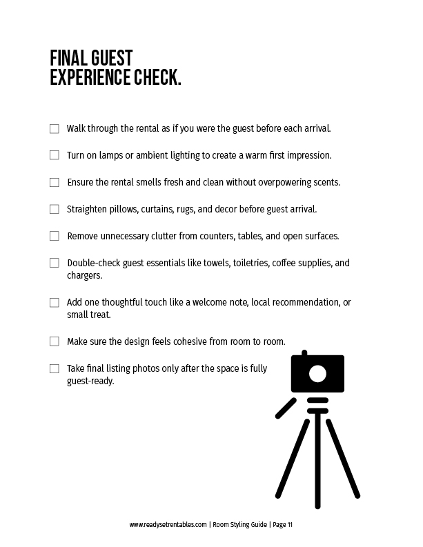 Room Styling Checklist final guest experience check page with last-pass styling and photo checklist items.
