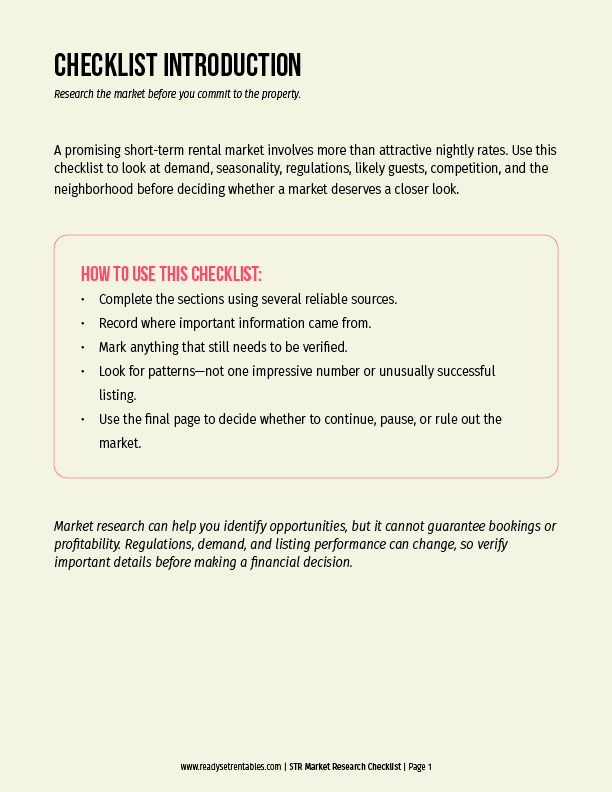 STR Market Research Checklist introduction with guidance for evaluating a potential market.