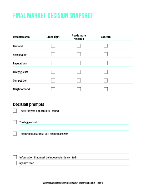 STR Market Research Checklist market decision snapshot for pulling research together and evaluating next steps.