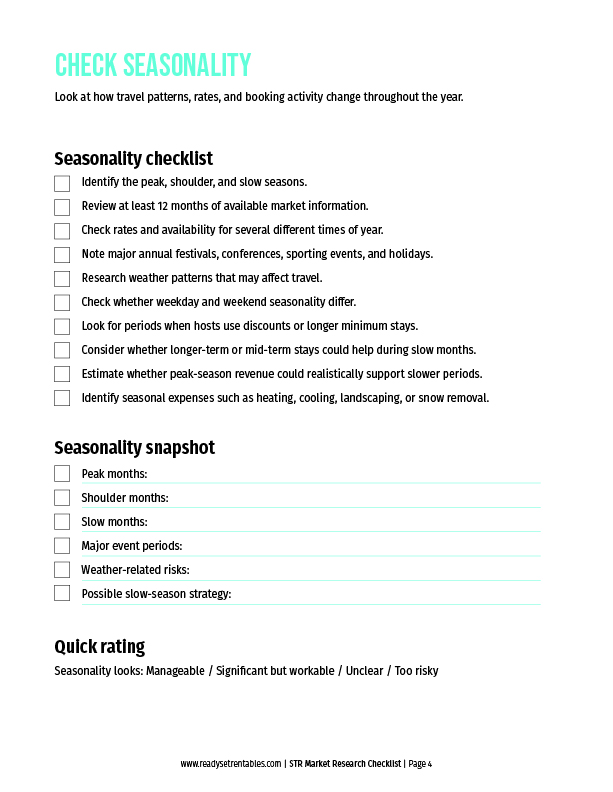 STR Market Research Checklist seasonality page for researching how seasonal patterns affect a local market.