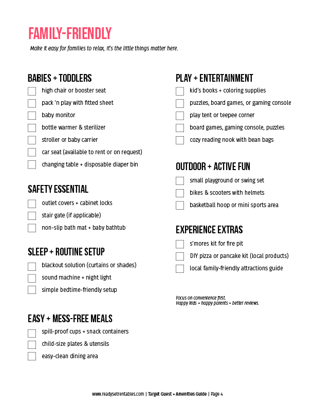 Target Guest & Amenities Guide family-friendly page with amenity ideas for guests traveling with children.