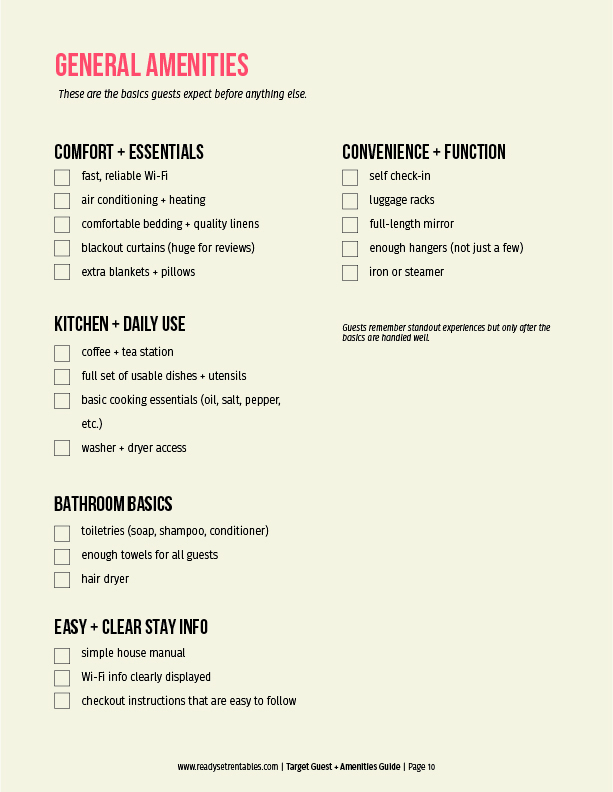 Target Guest & Amenities Guide general amenities page with common amenity ideas for a wide range of guests.