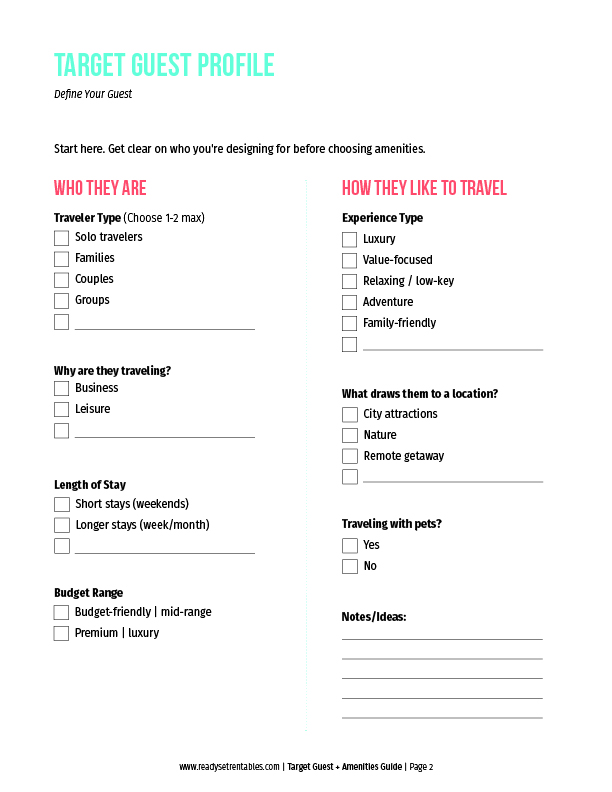 Target Guest & Amenities Guide guest profile page with prompts for identifying your target guest.
