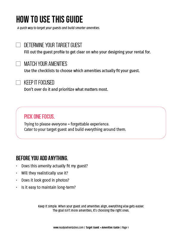 Target Guest & Amenities Guide getting started page with tips for using the guide.