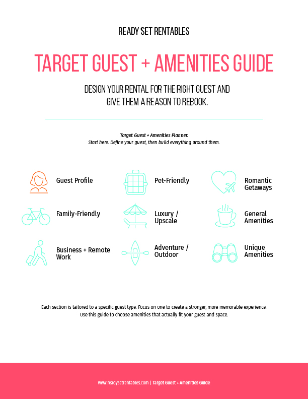 Target Guest & Amenities Guide cover with guest profile and amenity categories for family-friendly, pet-friendly, romantic, remote-work, outdoor, and upscale stays.
